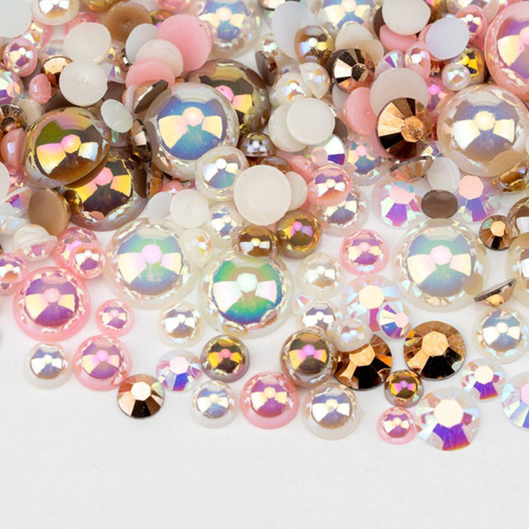 VDD Rhinestone Rainbow Half Round Pearls Mix Size 30g D1105