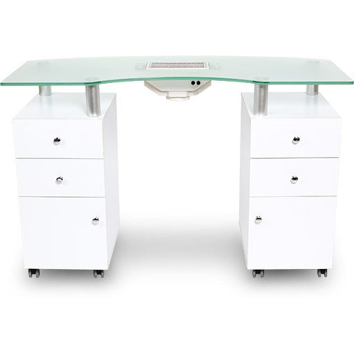 J&A Nail Table White Frosted Glass Top With Draft Fan 3 pcs