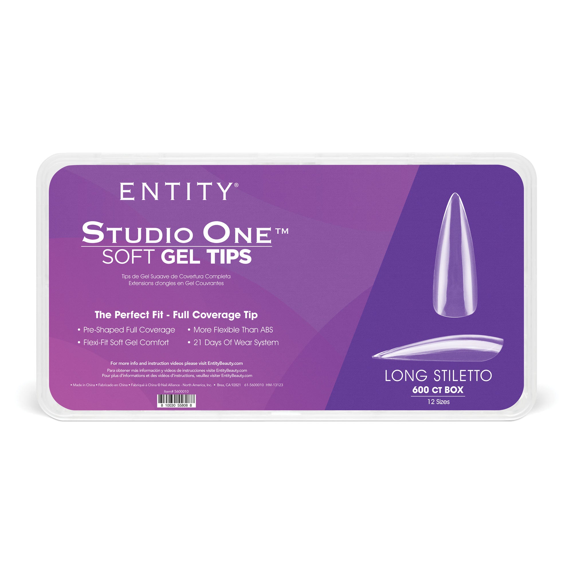 Entity Soft Gel Tips Long Stiletto 600 Tips 12 Sizes 5600010
