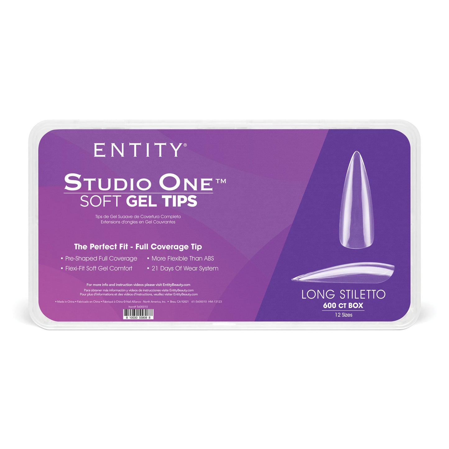 Entity Soft Gel Tips Long Stiletto 600 Tips 12 Sizes 5600010