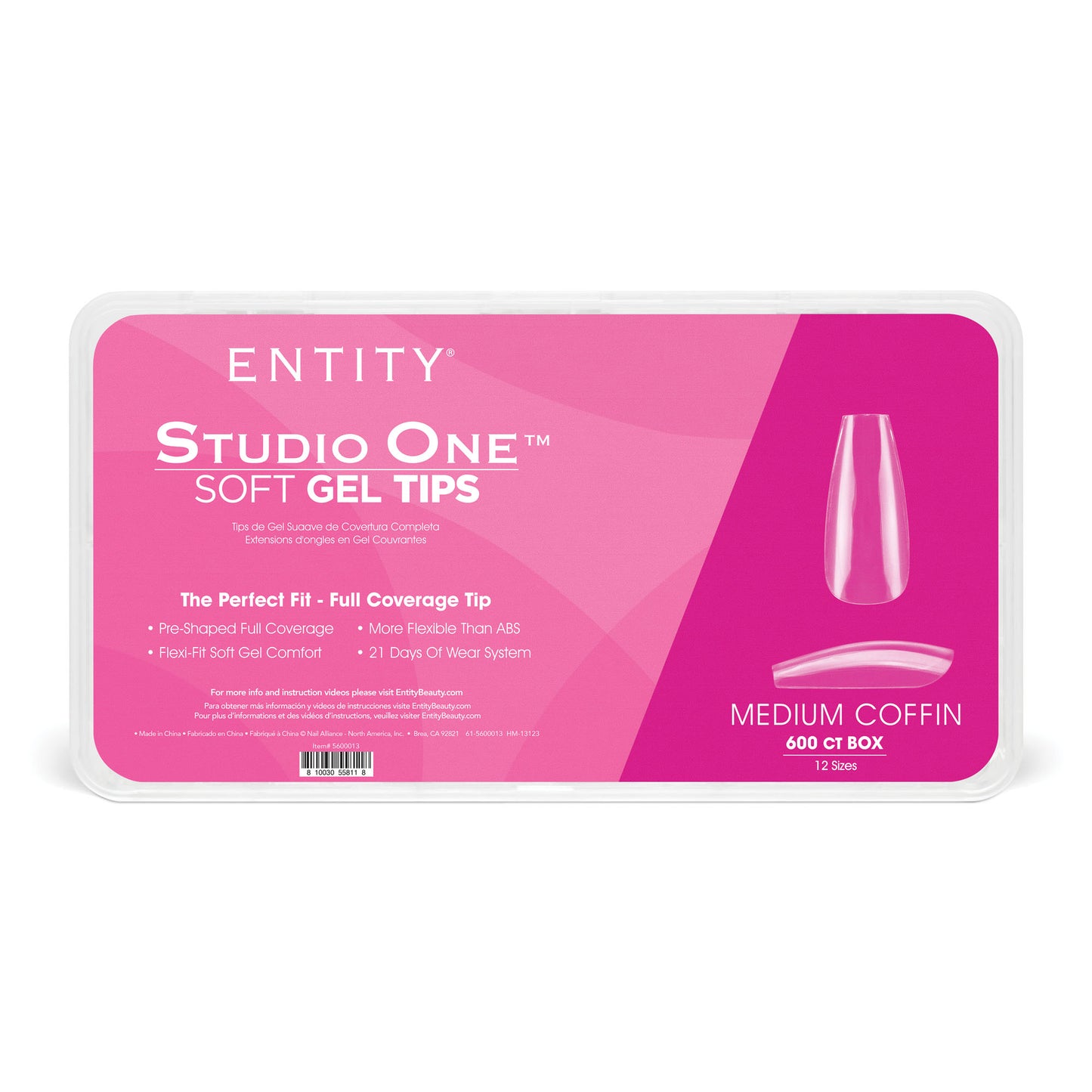 Entity Soft Gel Tips Medium Coffin 600 Tips 12 Sizes 5600013