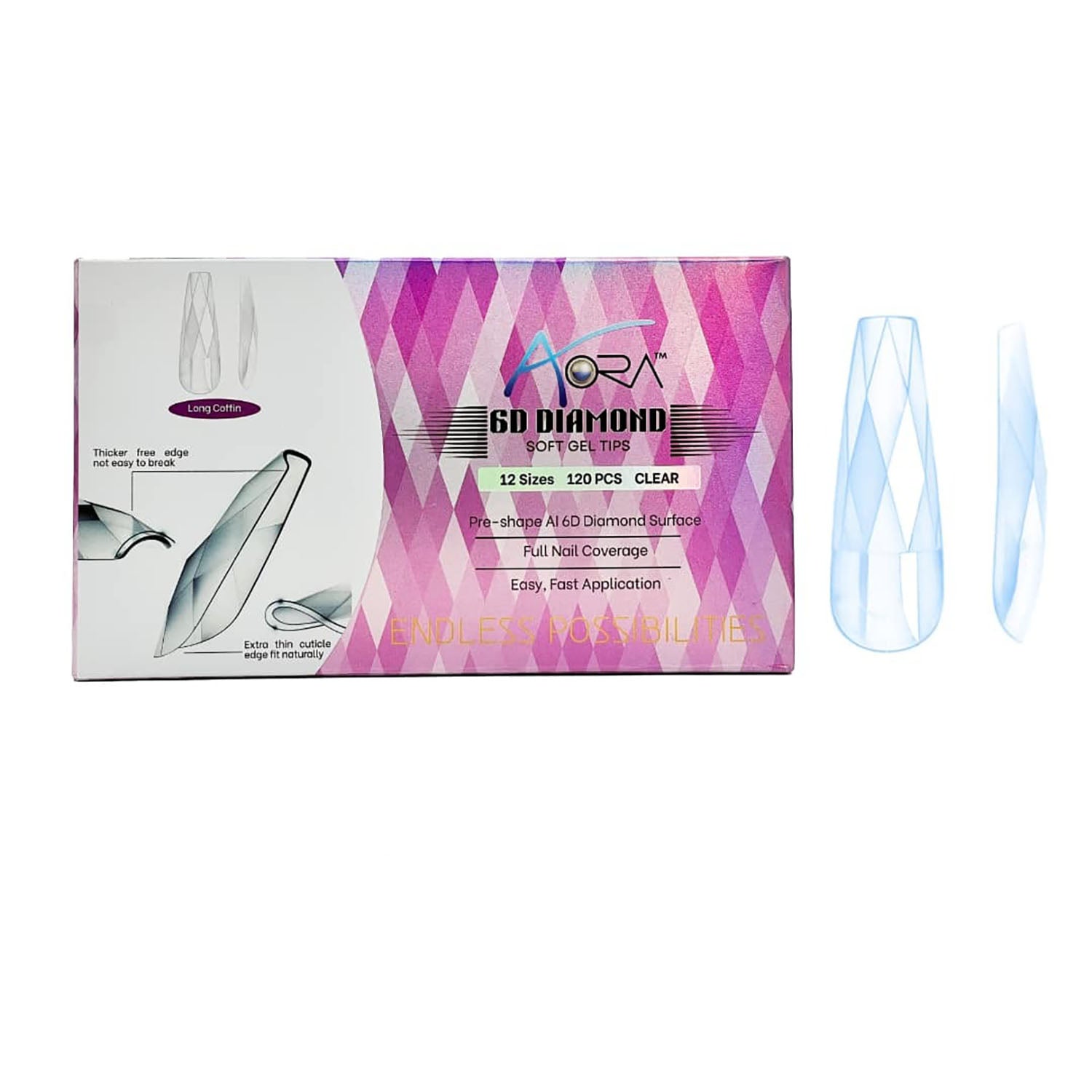 Aora 6D Diamond Soft Gel Tips Clear Long Coffin 120pcs 40020