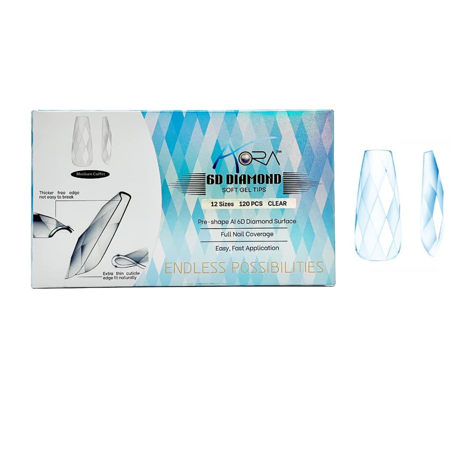 Aora 6D Diamond Soft Gel Tips Clear Medium Coffin 120pcs