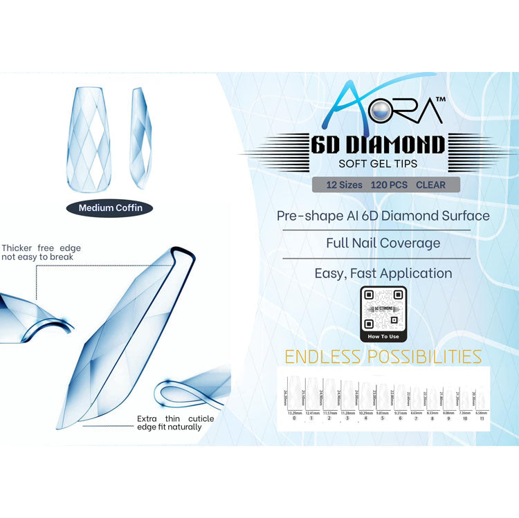 Aora 6D Diamond Soft Gel Tips Clear Medium Coffin 120pcs
