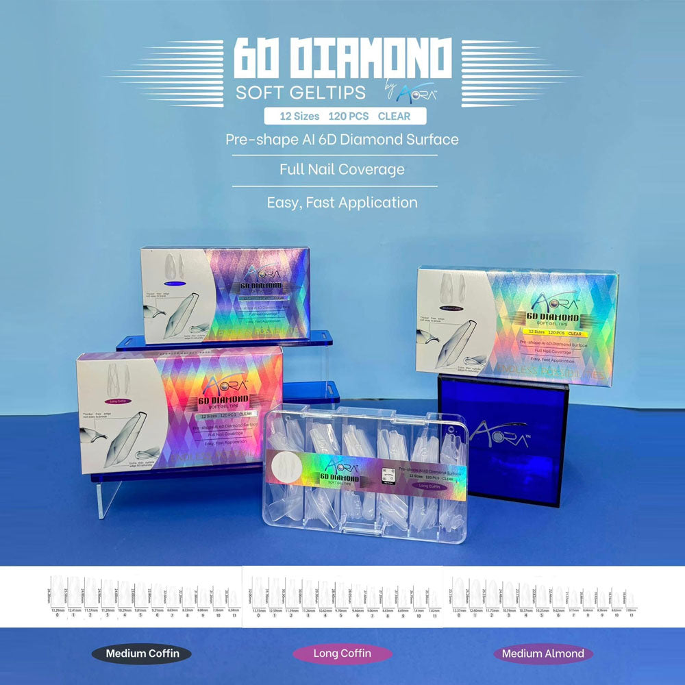 Aora 6D Diamond Soft Gel Tips Clear Medium Coffin 120pcs