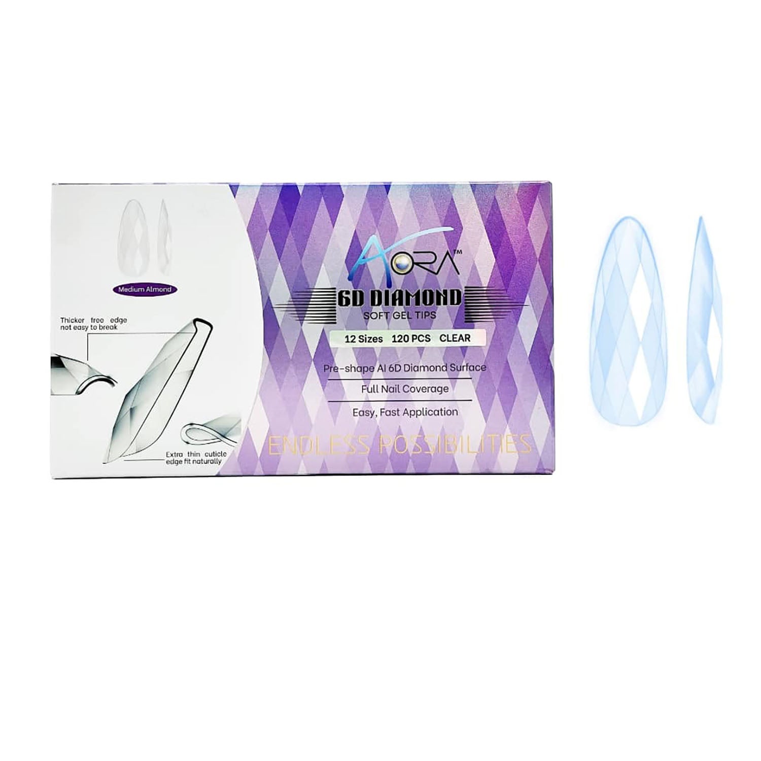 Aora 6D Diamond Soft Gel Tips Clear Medium Almond 120pcs
