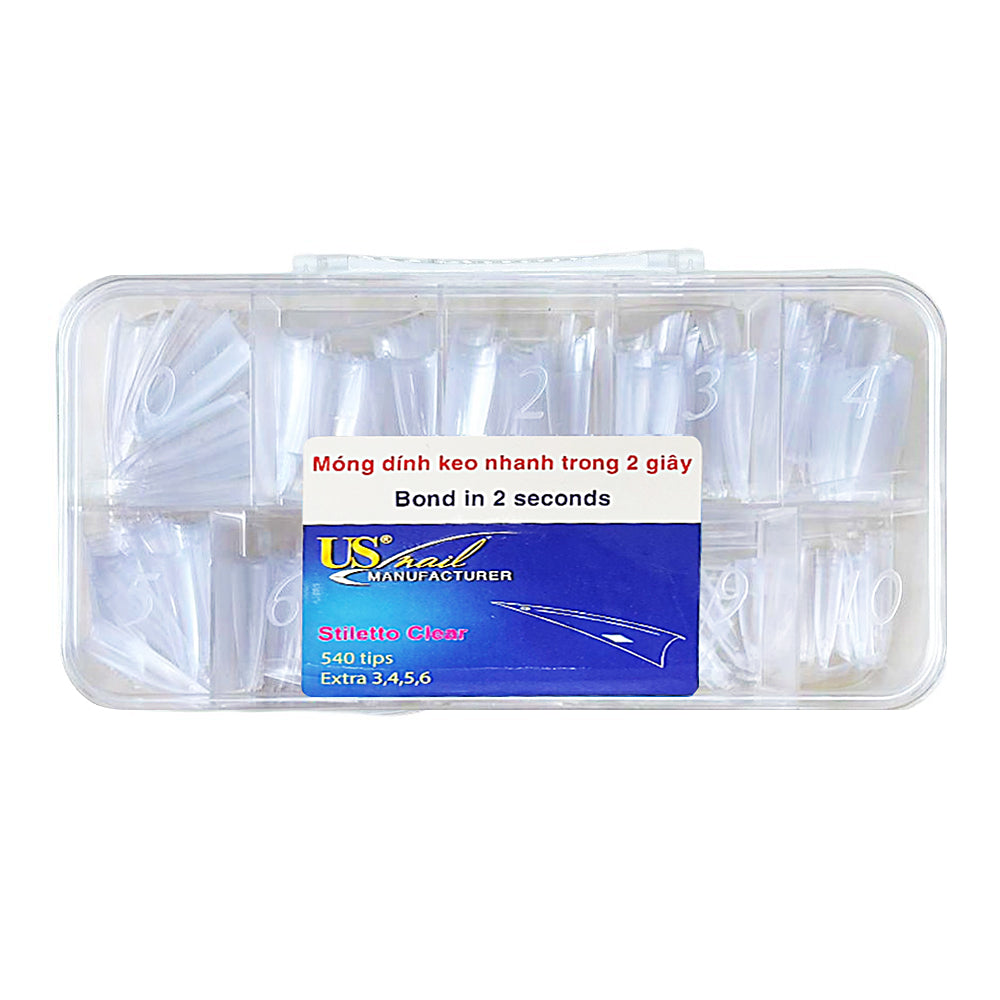 USN Clear Stiletto Tips Size 0-10 In Box 540 Tips 01311